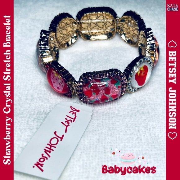 Betsey Johnson Babycakes Strawberry Stretch Bracelet Red Pink Crystal Food Berry - Picture 5 of 11
